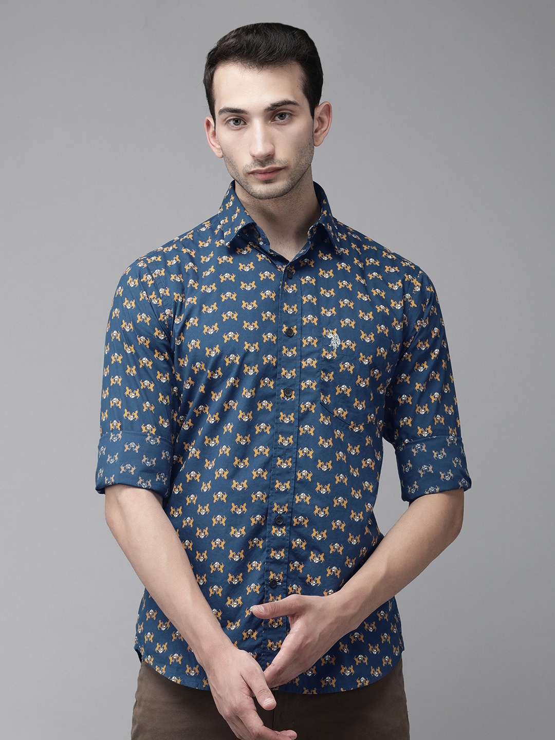 

U S Polo Assn Men Navy Blue & Brown Printed Tailored Fit Casual Shirt