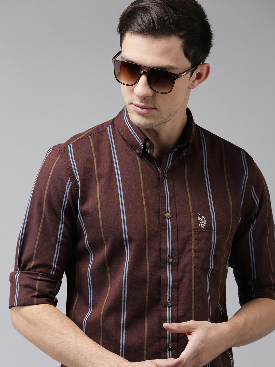 

U S Polo Assn Men Maroon & White Tailored Fit Striped Pure Cotton Casual Shirt