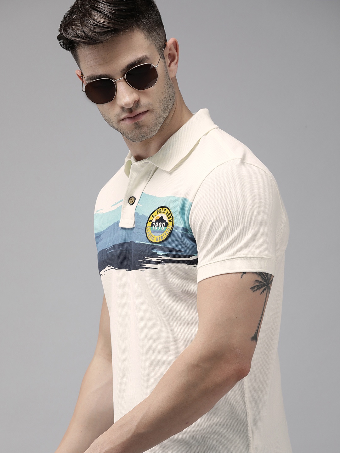 

U S Polo Assn Denim Co Men White & Blue Striped Polo Collar T-shirt