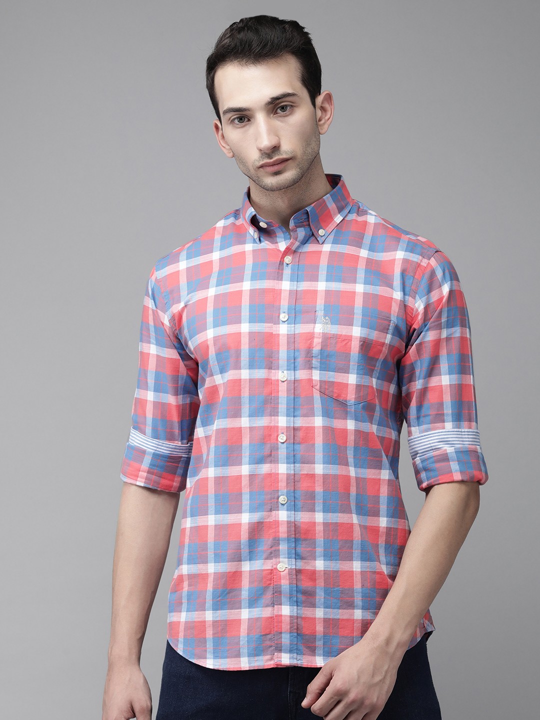 

U S Polo Assn Men Coral & Blue Checked Tailored Fit Casual Shirt