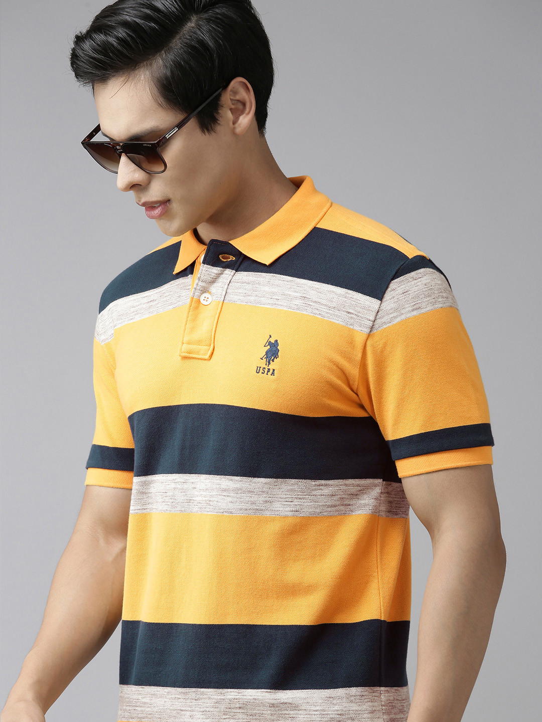 

U S Polo Assn Men Yellow Green Striped Pure Cotton T-shirt