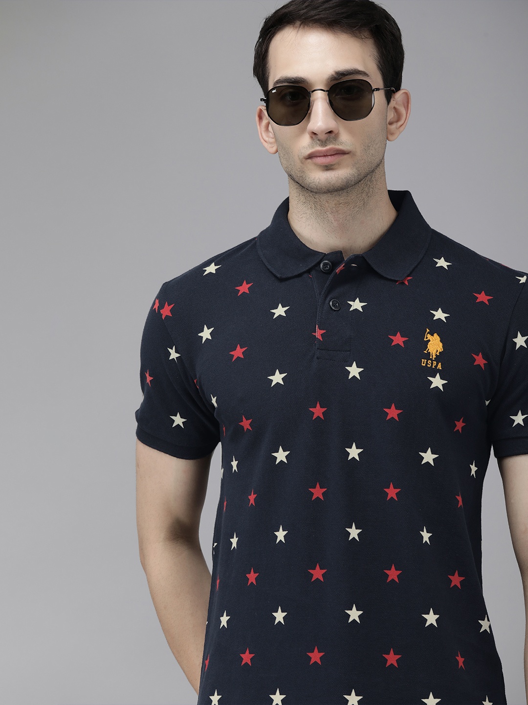 

U S Polo Assn Men Navy Blue Printed Polo Collar T-shirt