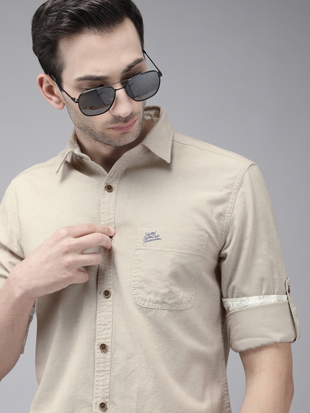 

U S Polo Assn Denim Co Men Beige Solid Slim Fit Casual Shirt