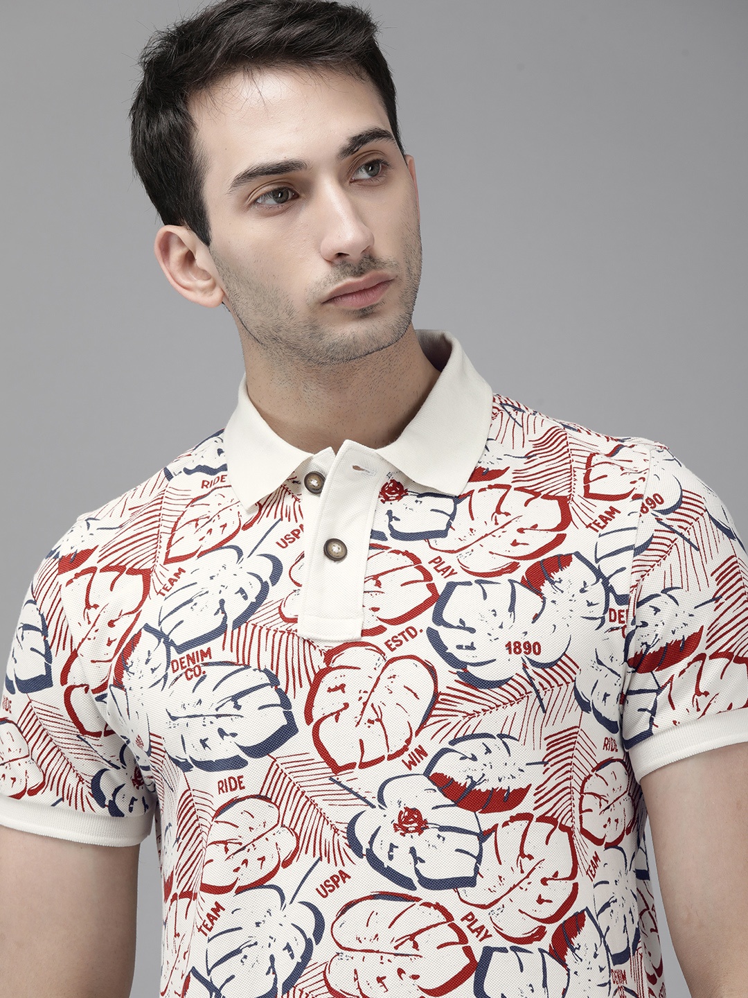 

U.S. Polo Assn. Denim Co. Men White Blue Printed Pure Cotton Polo Collar Pure Cotton T-shirt