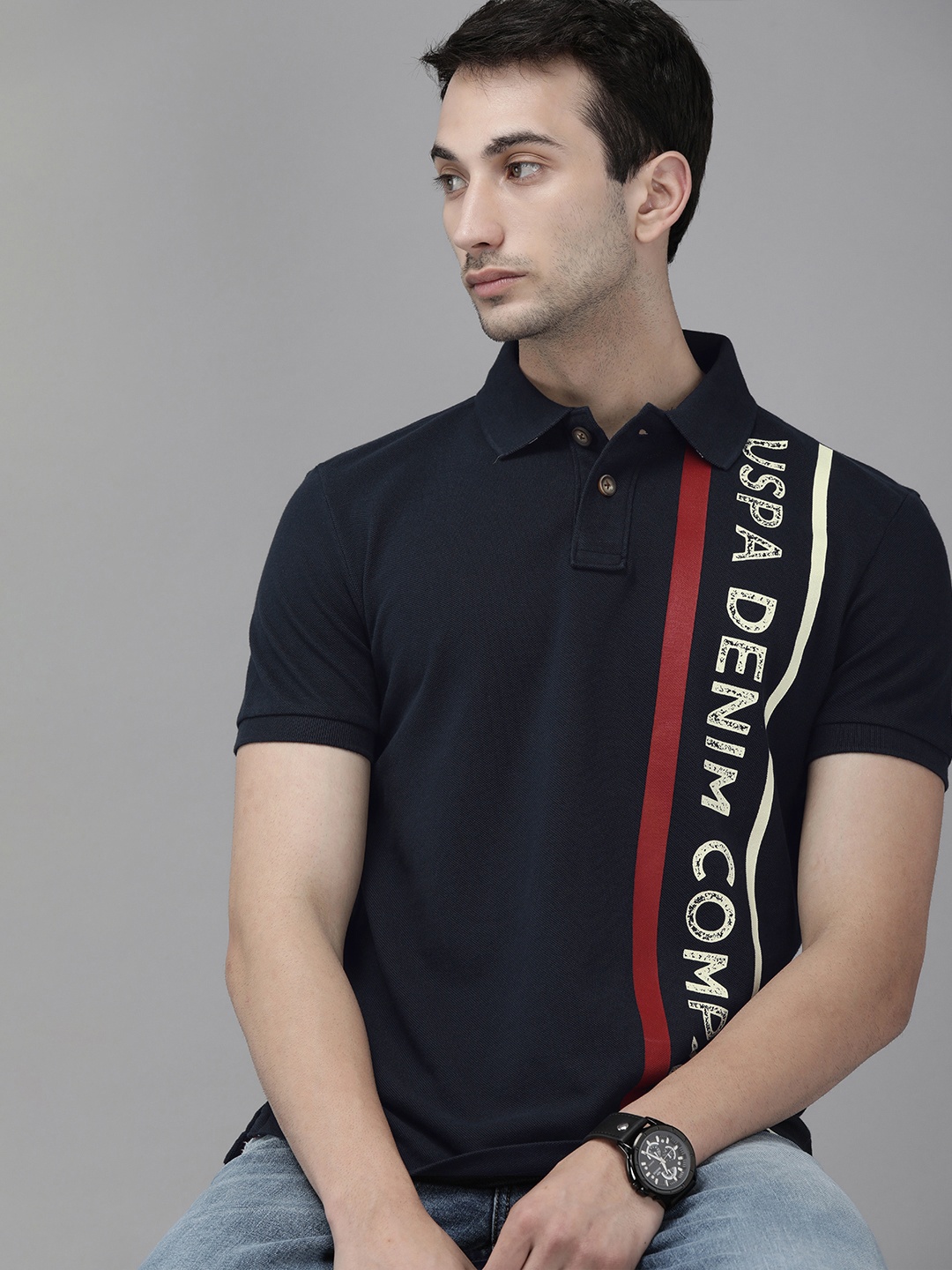 

U.S. Polo Assn. Denim Co. Men Navy Blue Cotton Printed Polo Collar Pure Cotton T-shirt