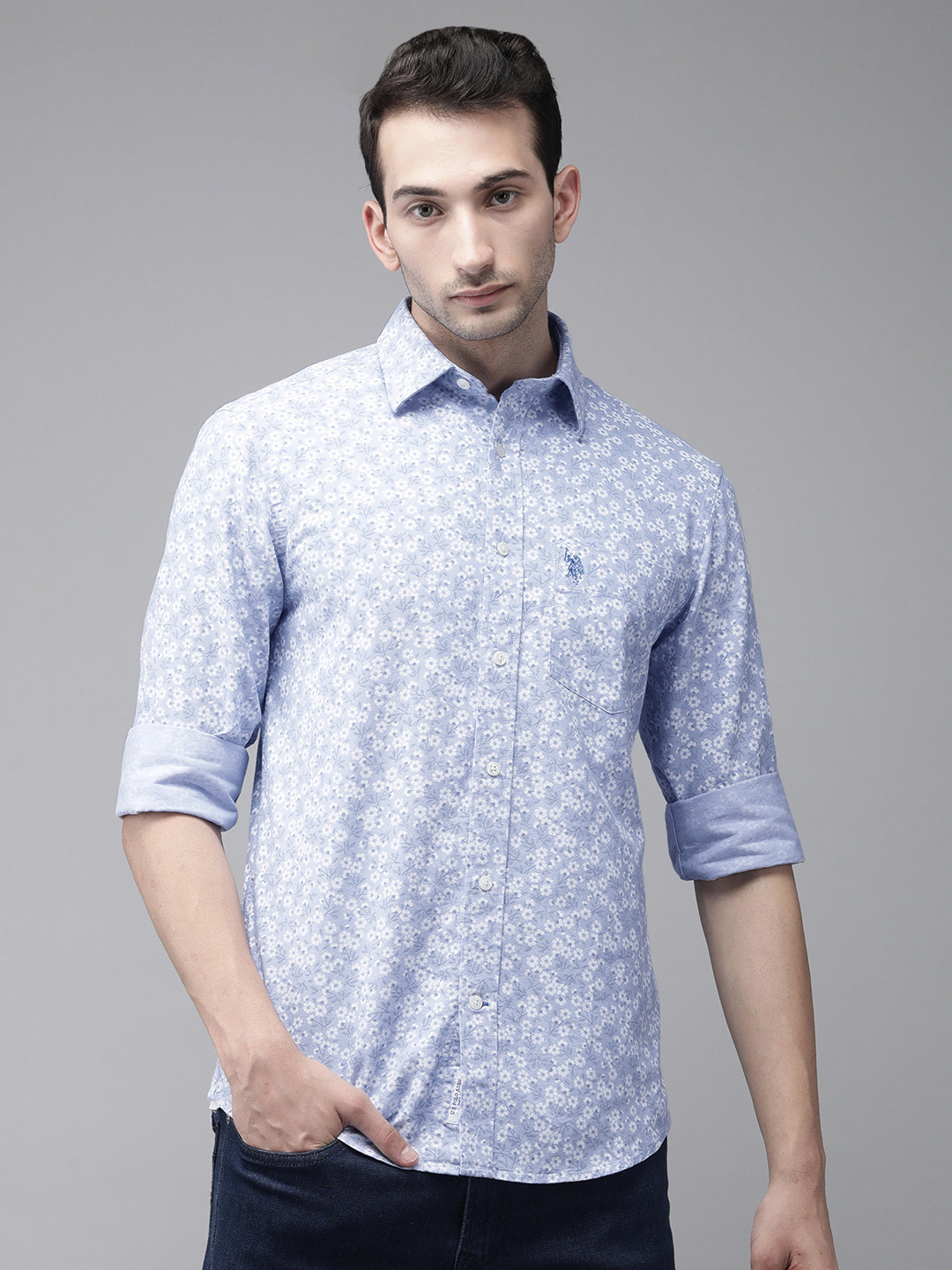 

U S Polo Assn Men Blue & White Tailored Fit Floral Opaque Printed Casual Shirt