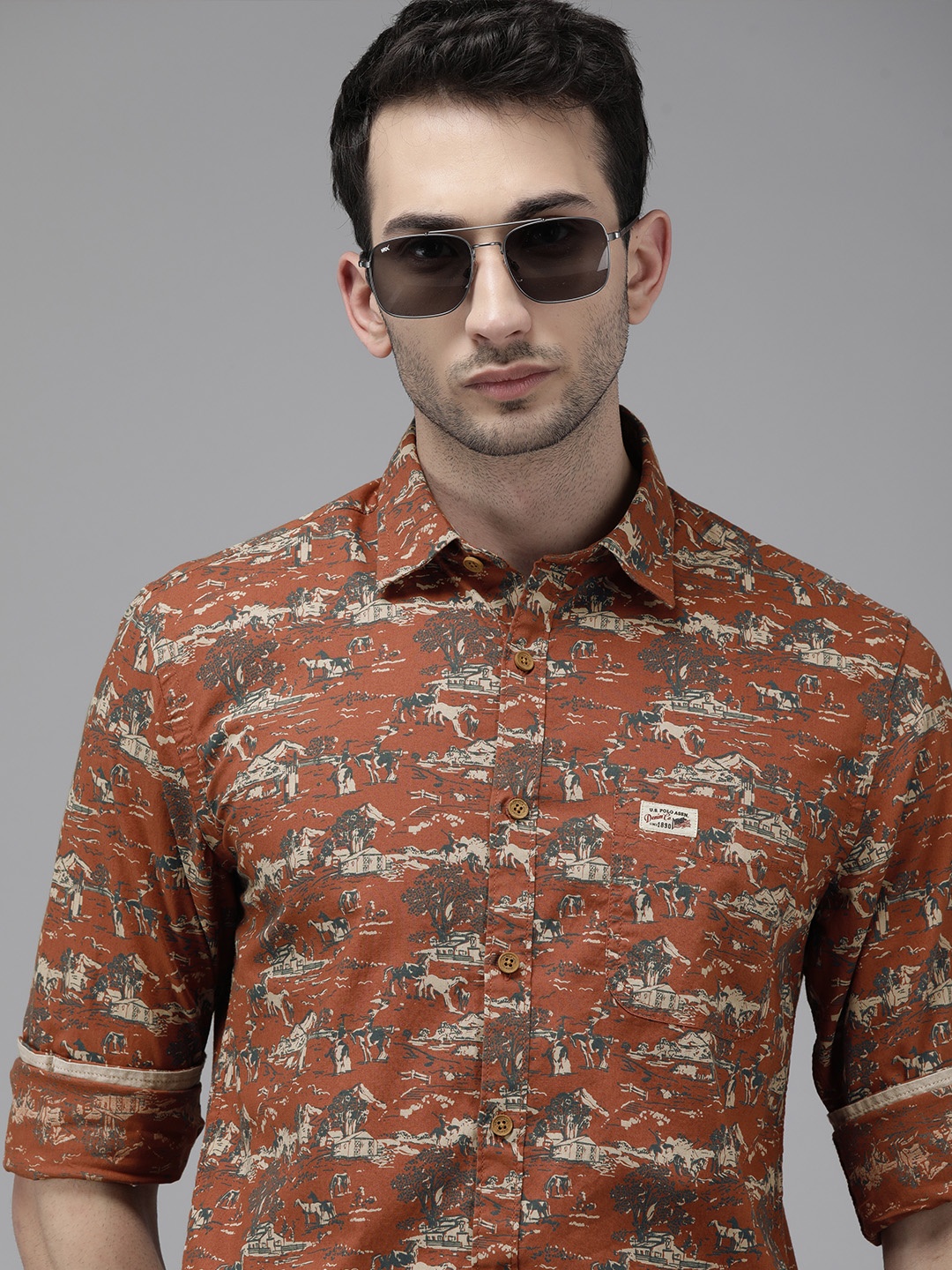 

U S Polo Assn Denim Co Men Rust Slim Fit Opaque Printed Cotton Casual Shirt