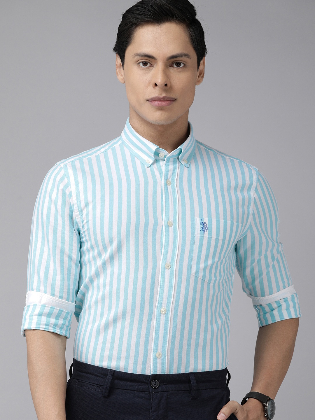 

U S Polo Assn Men Blue Striped Tailored Fit Casual Shirt