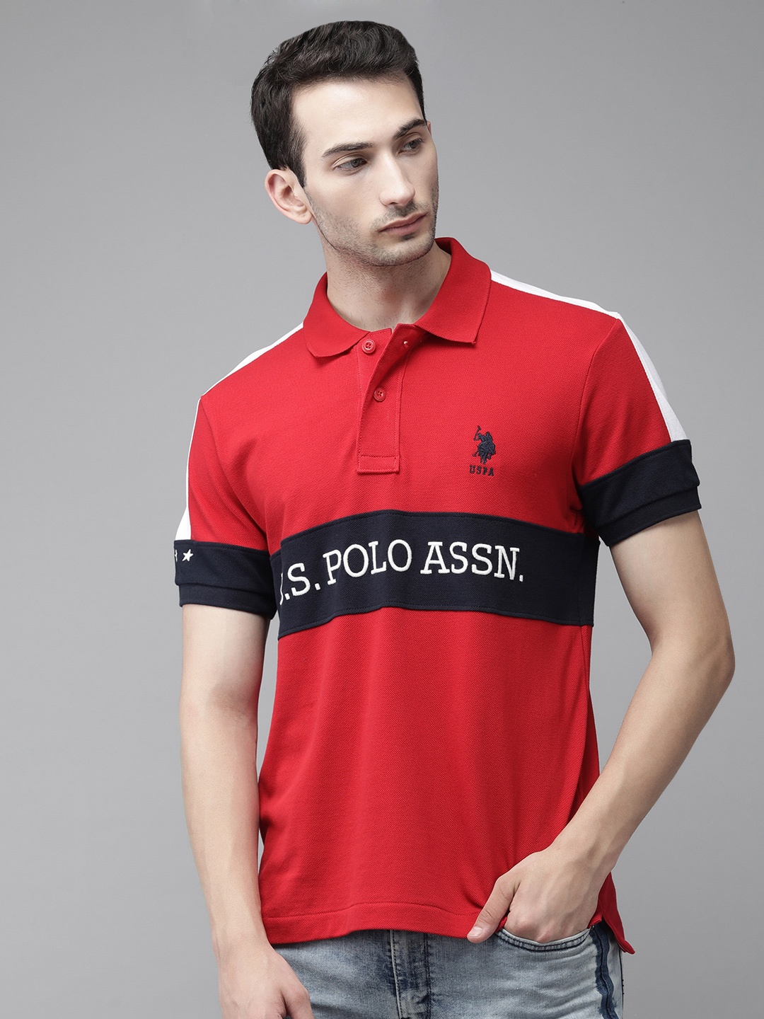 

U.S. Polo Assn. Men Red Navy Blue Colourblocked Polo Collar Pure Cotton T-shirt