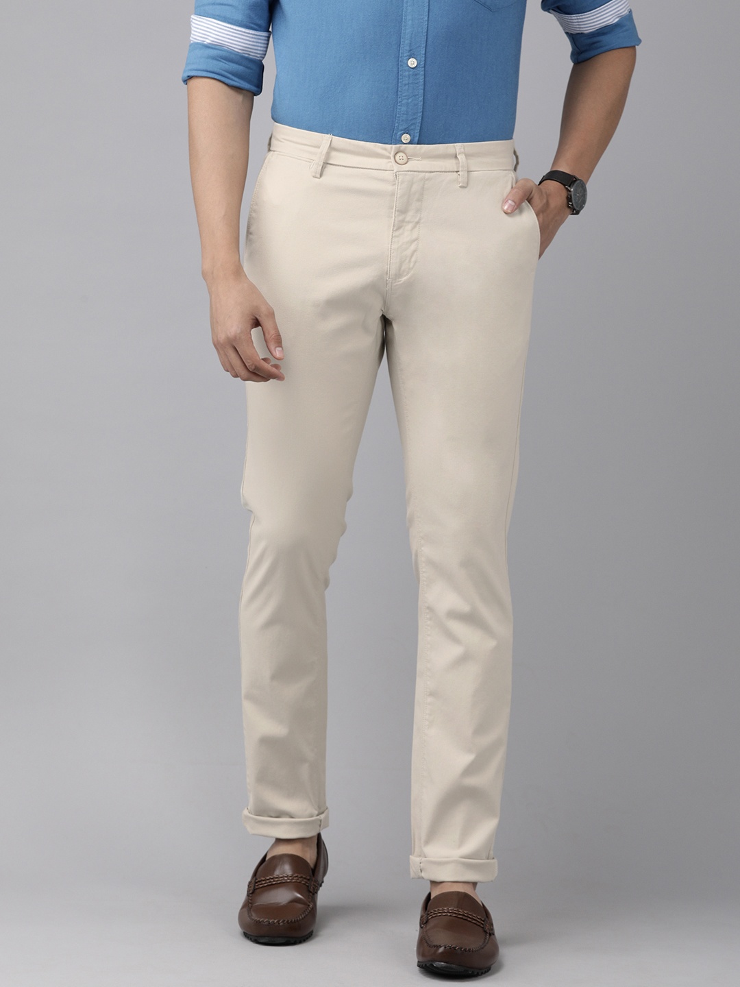 

U S Polo Assn Men Beige Textured Austin Trim Fit casual Trousers