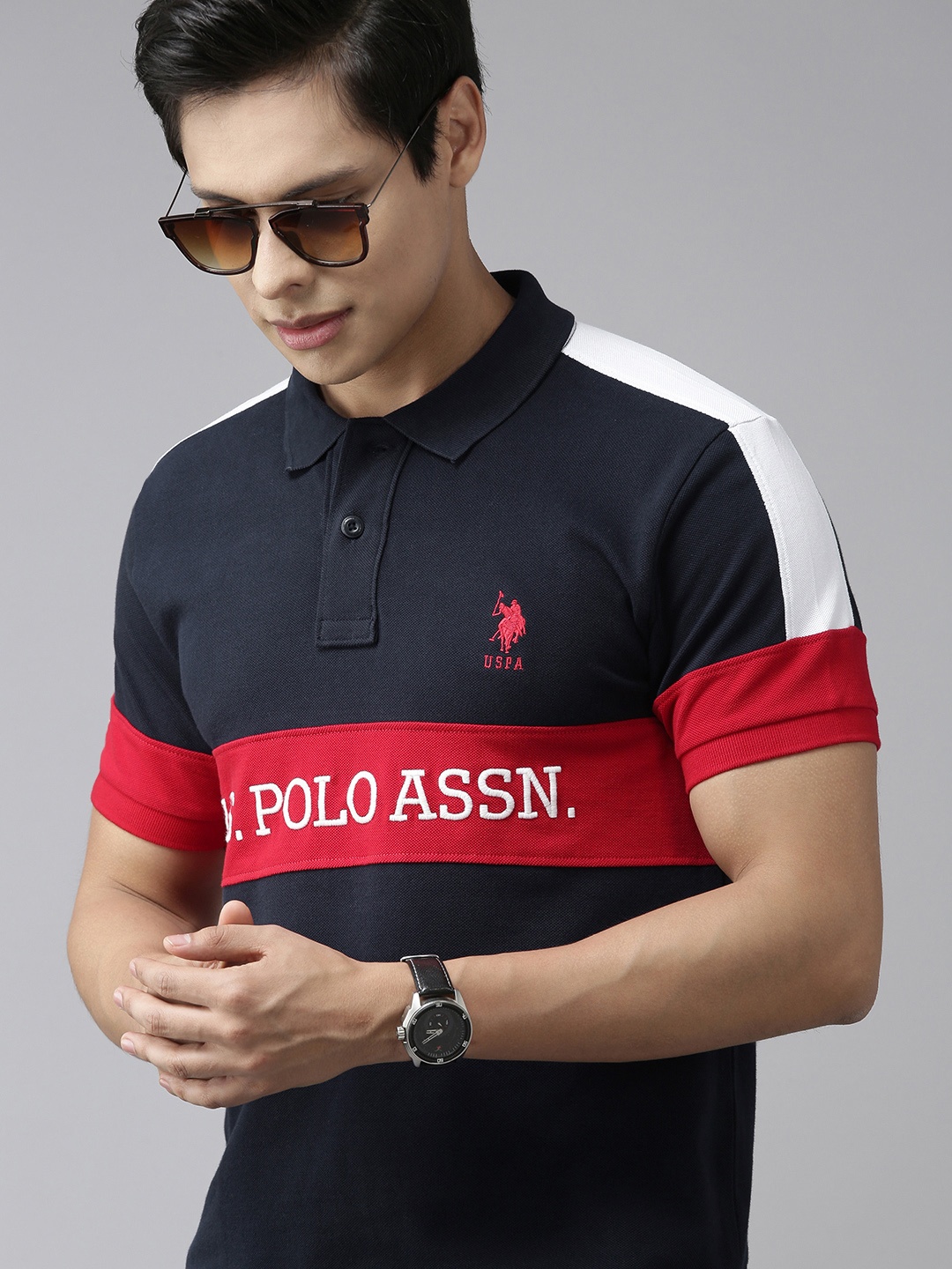 

U S Polo Assn Men Navy Blue Red Colourblocked Polo Collar Pure Cotton T-shirt