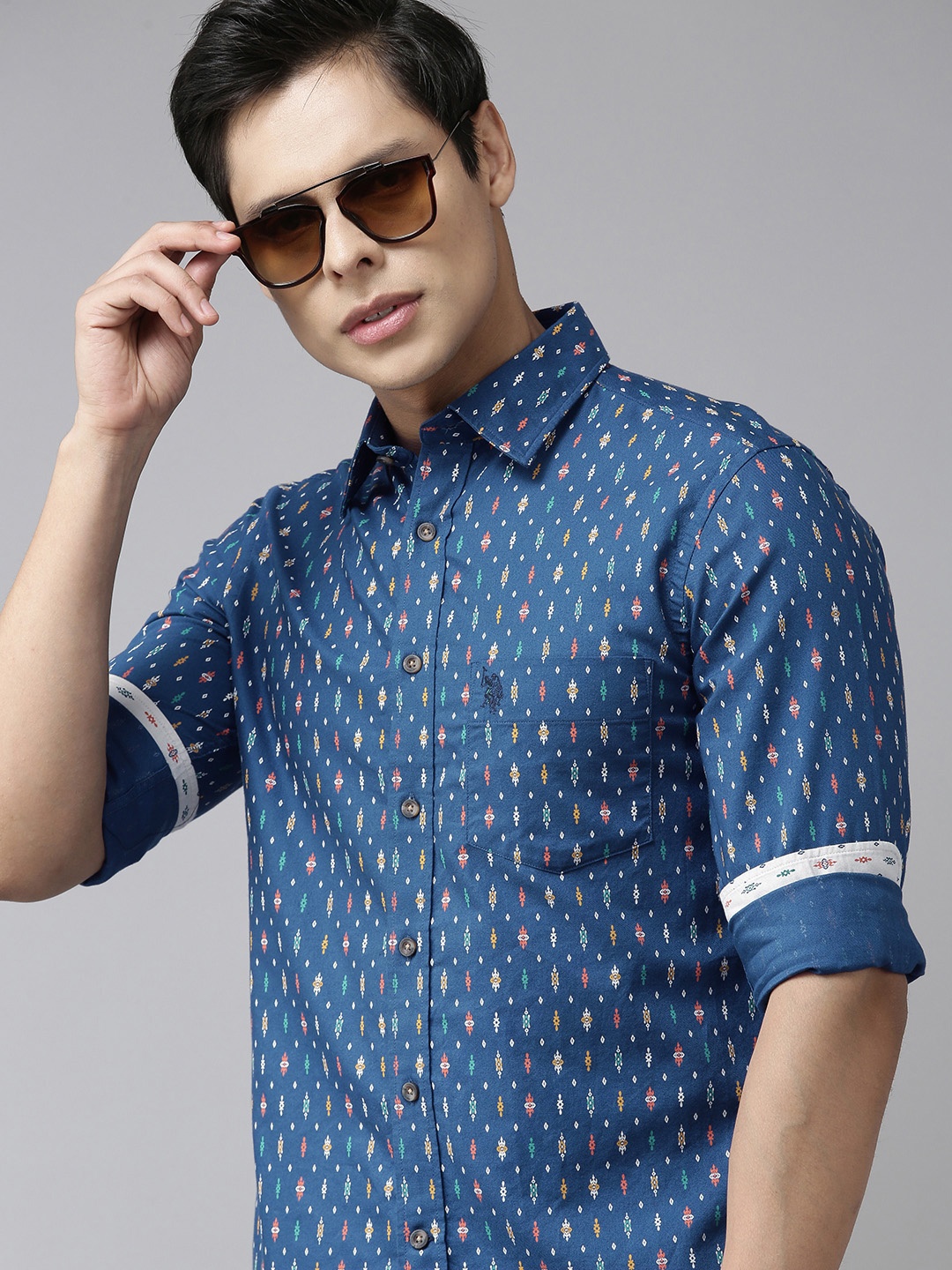 

U S Polo Assn Men Blue & White Ethnic Motifs Print Pure Cotton Casual Shirt