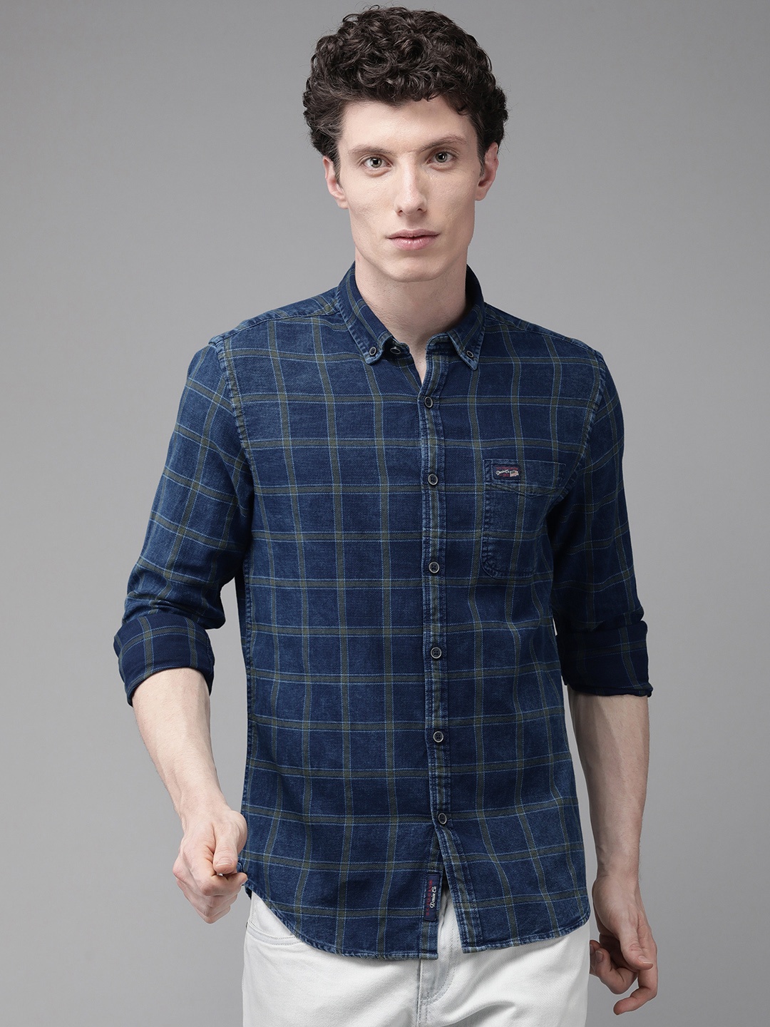

U S Polo Assn Denim Co Men Navy Blue Opaque Checked Casual Shirt