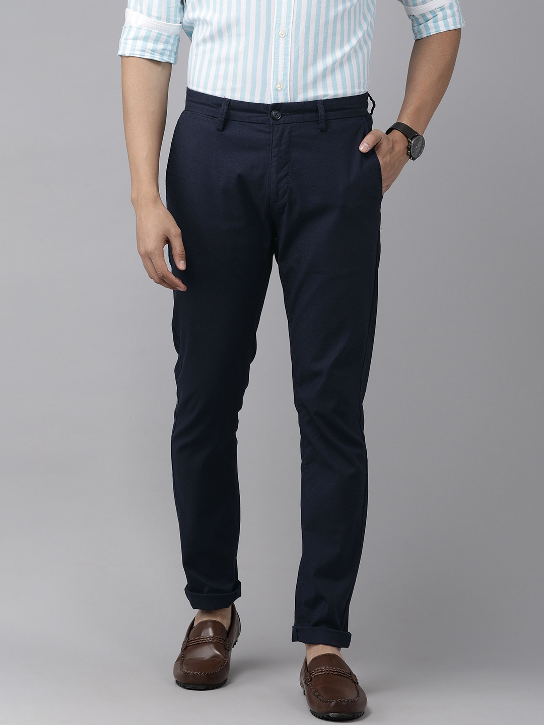 

U S Polo Assn Men Navy Blue Textured Autin Trim Fit Casual Trousers