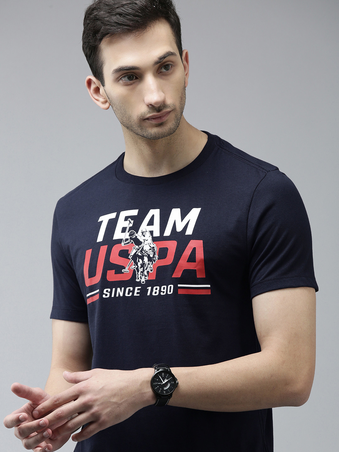 

U S Polo Assn Men Navy Blue Brand Logo Printed Slim Fit T-shirt