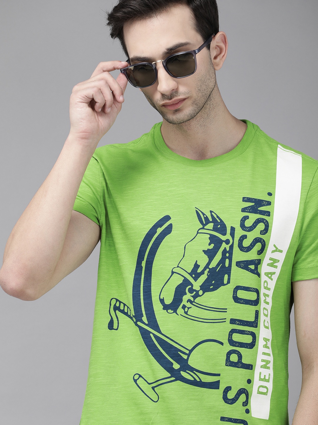 

U S Polo Assn Denim Co Men Green Blue Brand Logo Printed Pure Cotton T-shirt