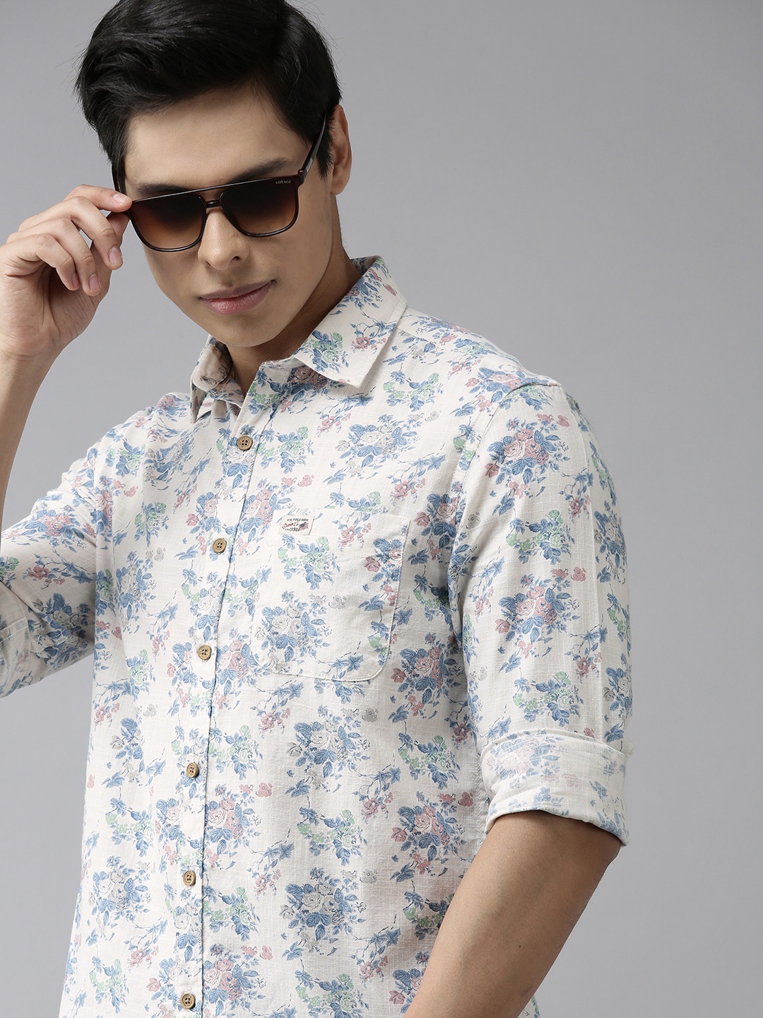 

U S Polo Assn Denim Co Men White & Blue Slim Fit Floral Print Casual Shirt