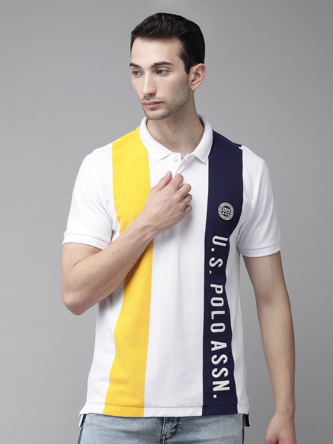 

U.S. Polo Assn. Men White Yellow Colourblocked Polo Collar Pure Cotton T-shirt