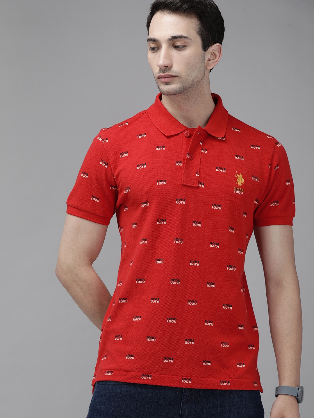 

U.S. Polo Assn. Men Red Typography Printed Slim Fit Pure Cotton T-shirt