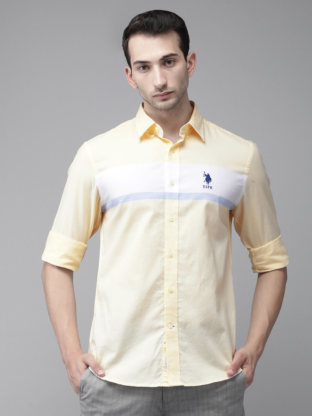 

U S Polo Assn Men Yellow & White Colourblocked Tailored Fit Opaque Casual Shirt