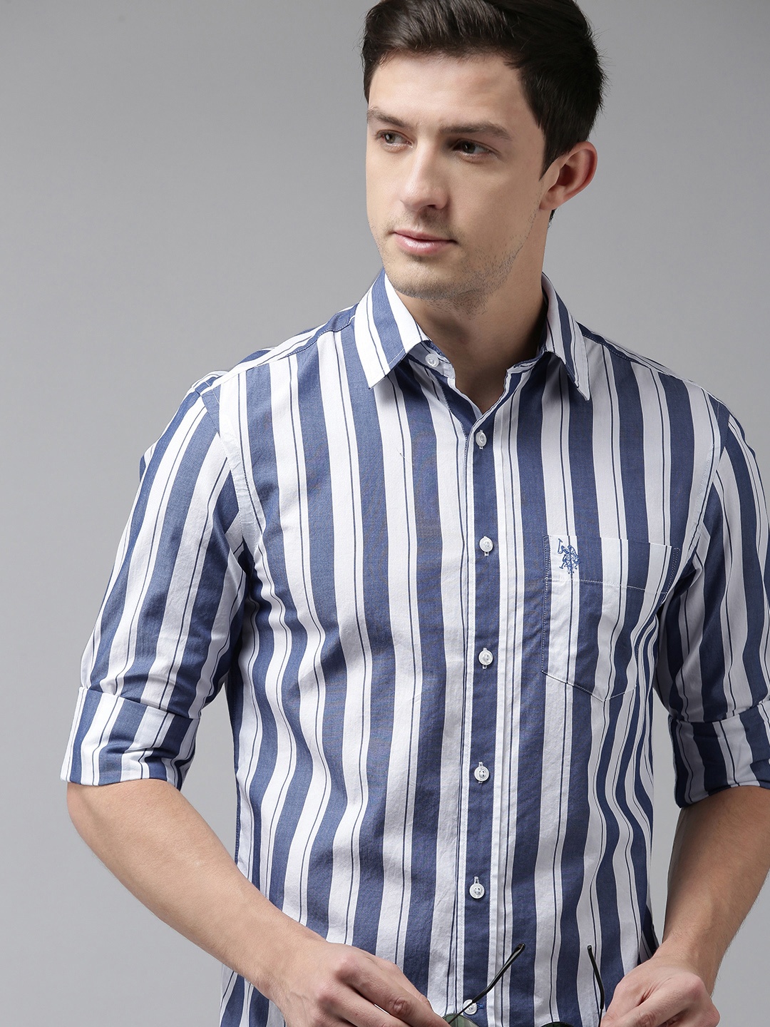 

U S Polo Assn Men Blue & White Tailored Fit Striped Pure Cotton Casual Shirt