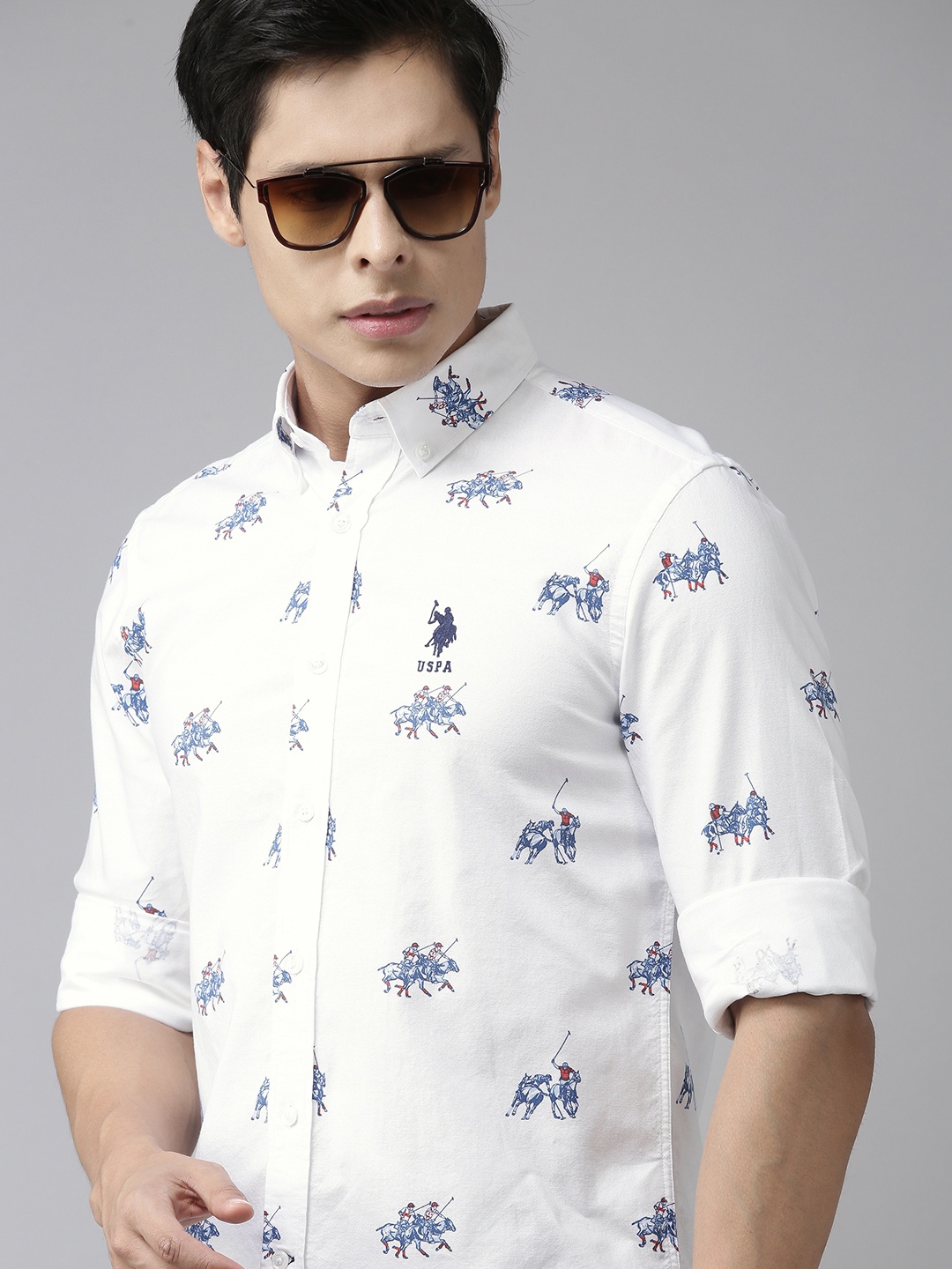 U S Polo Assn Men White & Blue Brand Logo Print Pure Cotton Casual Shirt
