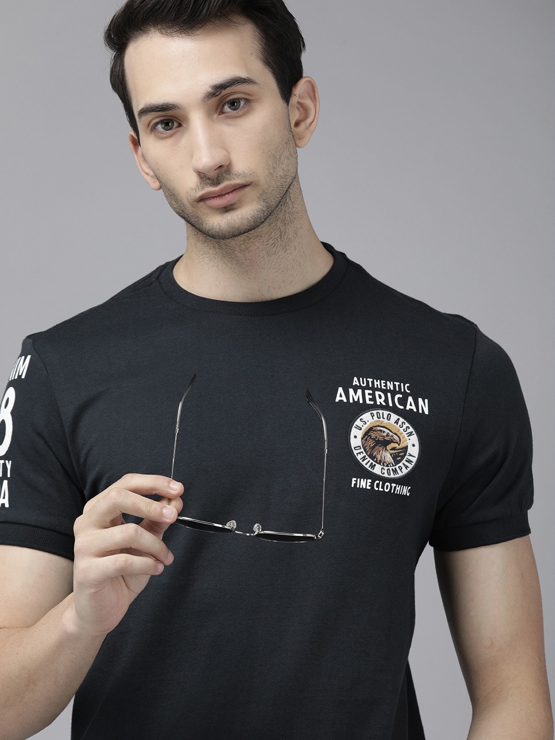 

U S Polo Assn Denim Co Men Navy Blue White Brand Logo Round Neck Pure Cotton T-shirt