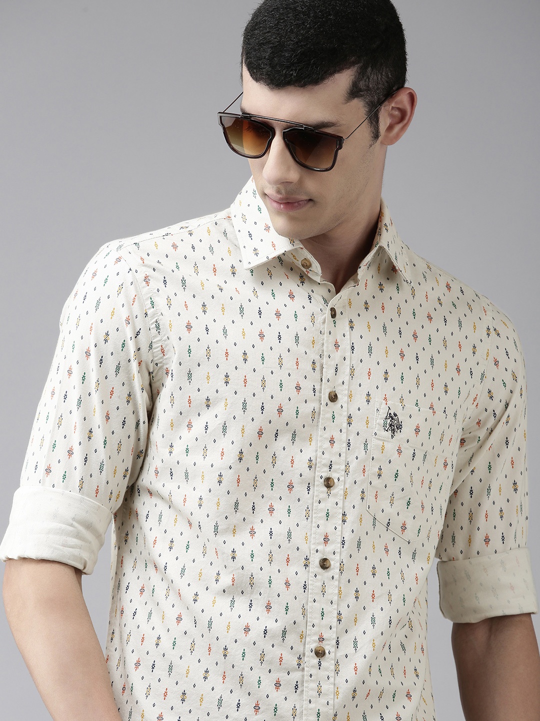 

U. S. Polo Assn. Men Off-White Micro Print Opaque Pure Cotton Casual Shirt