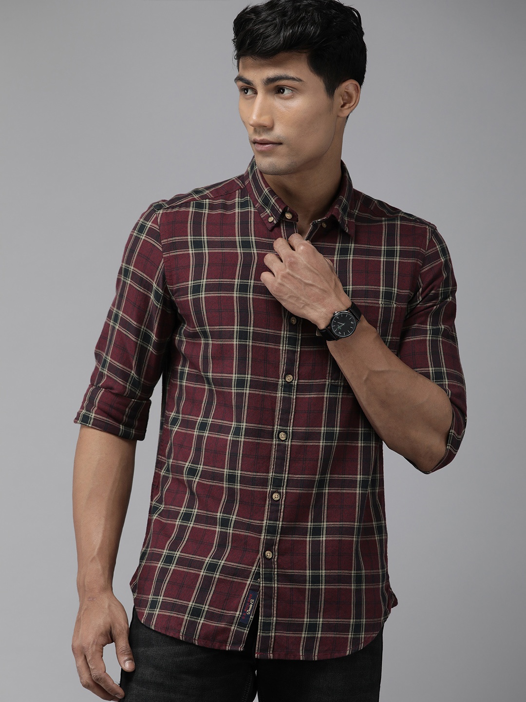 

U S Polo Assn Denim Co Men Burgundy & White Slim Fit Tartan Checked Casual Shirt