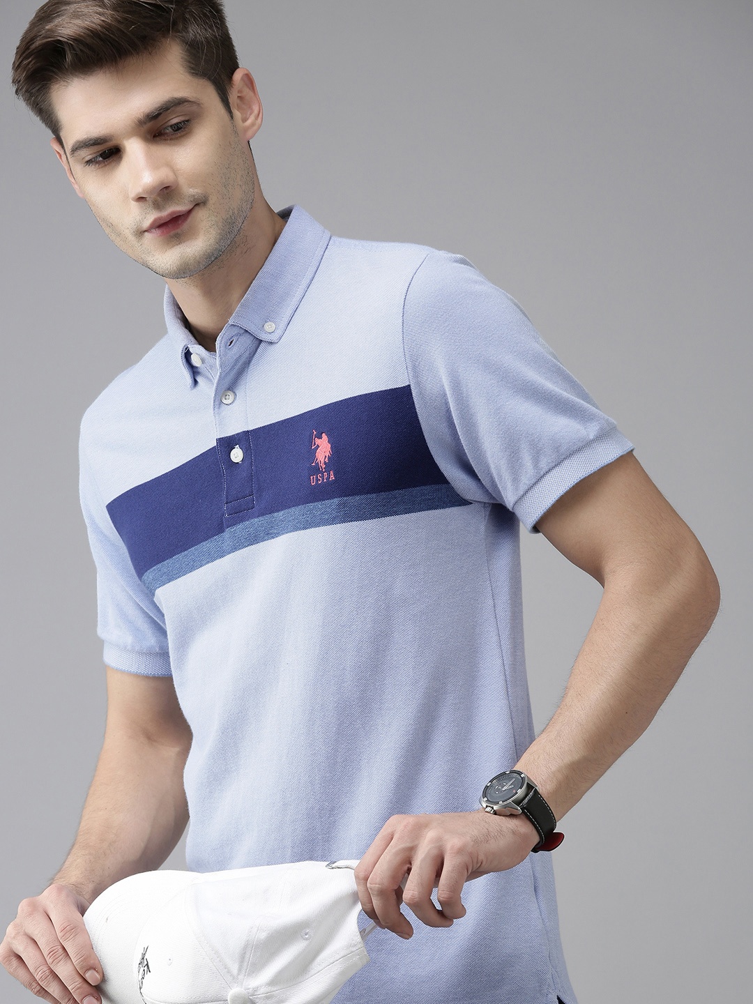 

U S Polo Assn Men Blue Colourblocked Pure Cotton T-shirt