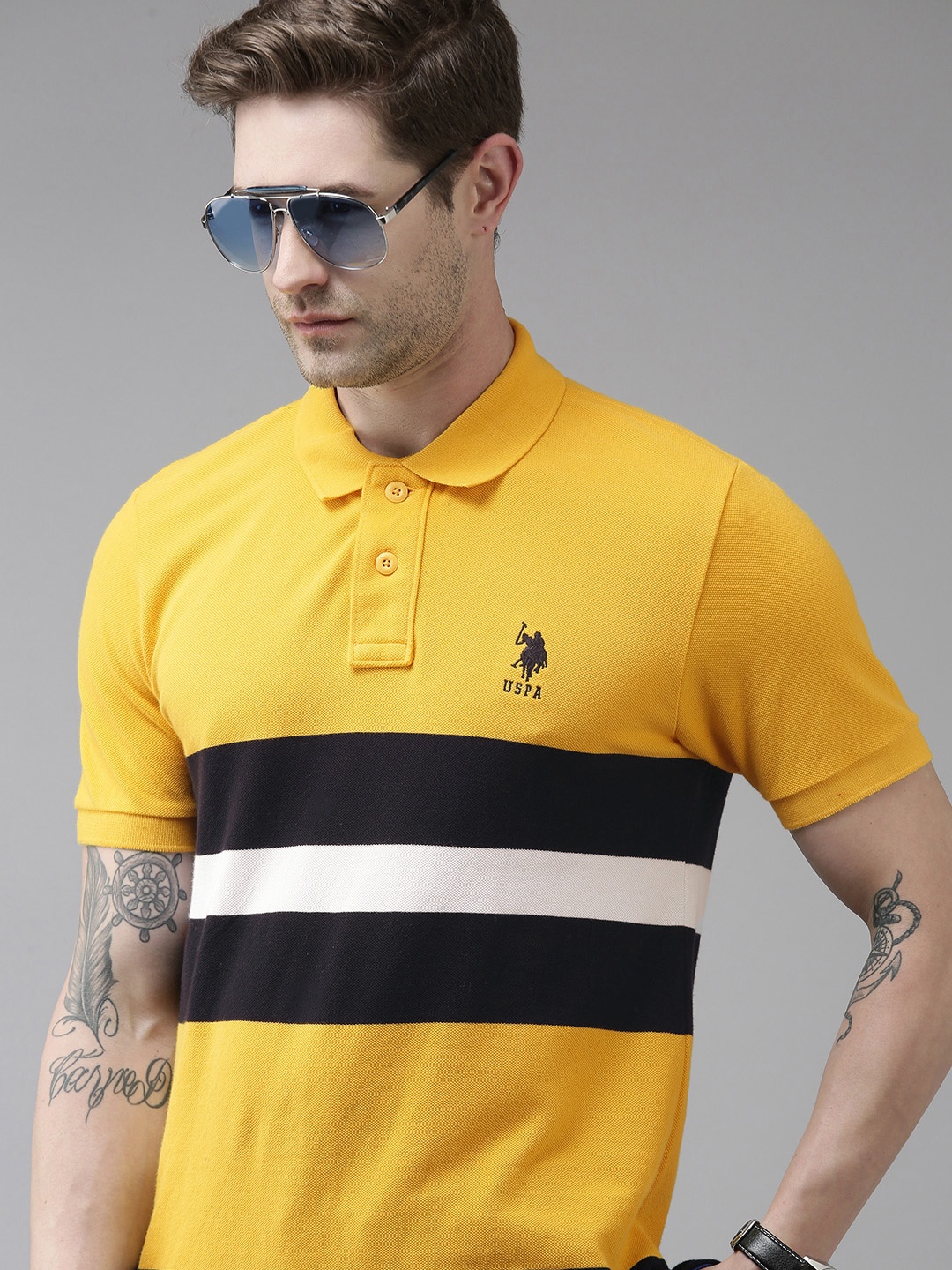 

U S Polo Assn Men Yellow Black Slim Fit Pure Cotton T-shirt