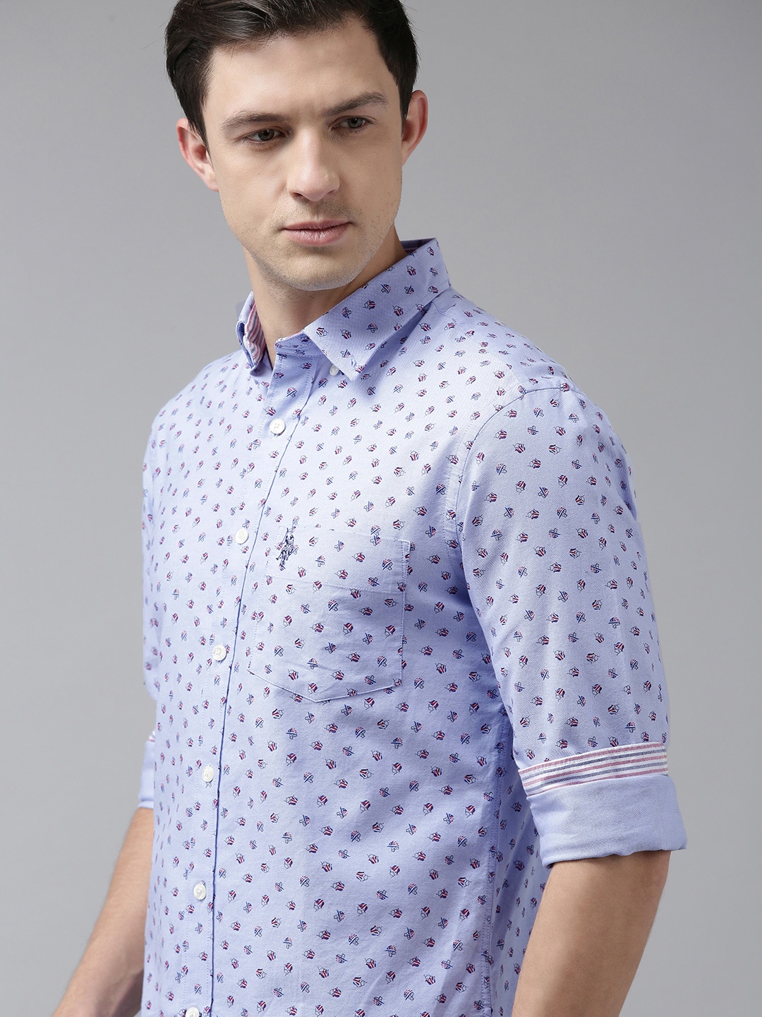 

U S Polo Assn Men Blue Geometric Printed Tailored Fit Pure Cotton Opaque Casual Shirt