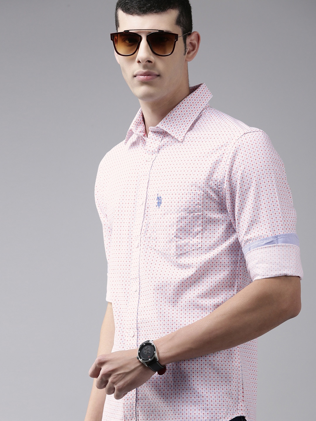 

U S Polo Assn Men Pink Tailored Fit Geometric Printed Opaque Pure Cotton Casual Shirt