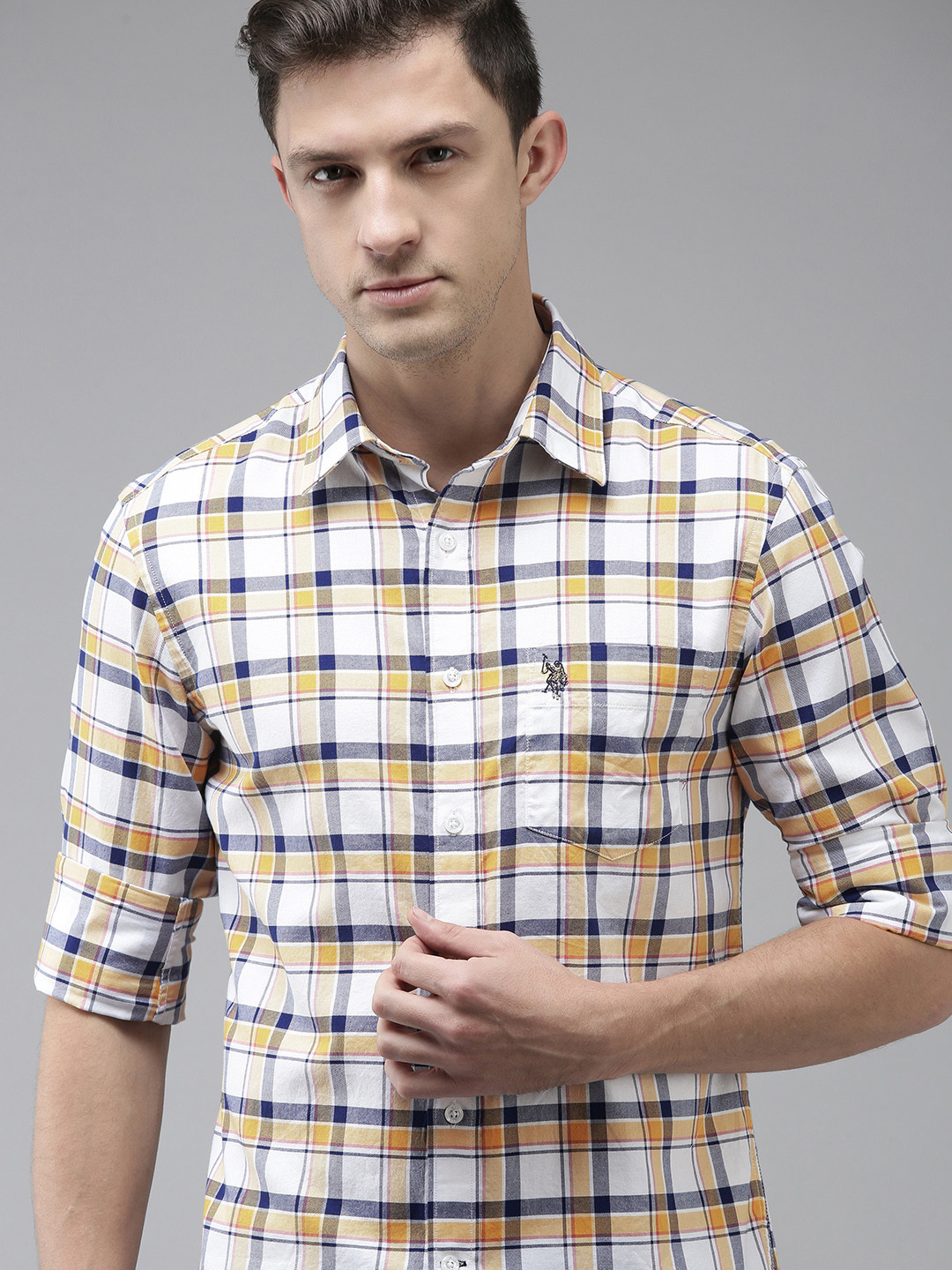 

U S Polo Assn Men White & Yellow Tailored Fit Tartan Checked Pure Cotton Casual Shirt