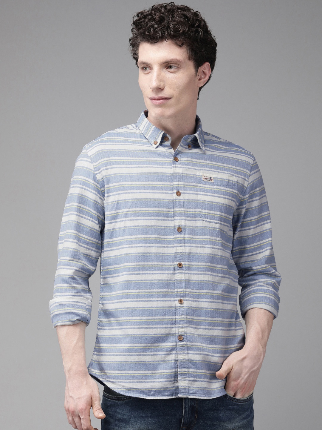 

U S Polo Assn Denim Co Men Blue & White Striped Slim Fit Pure Cotton Casual Shirt
