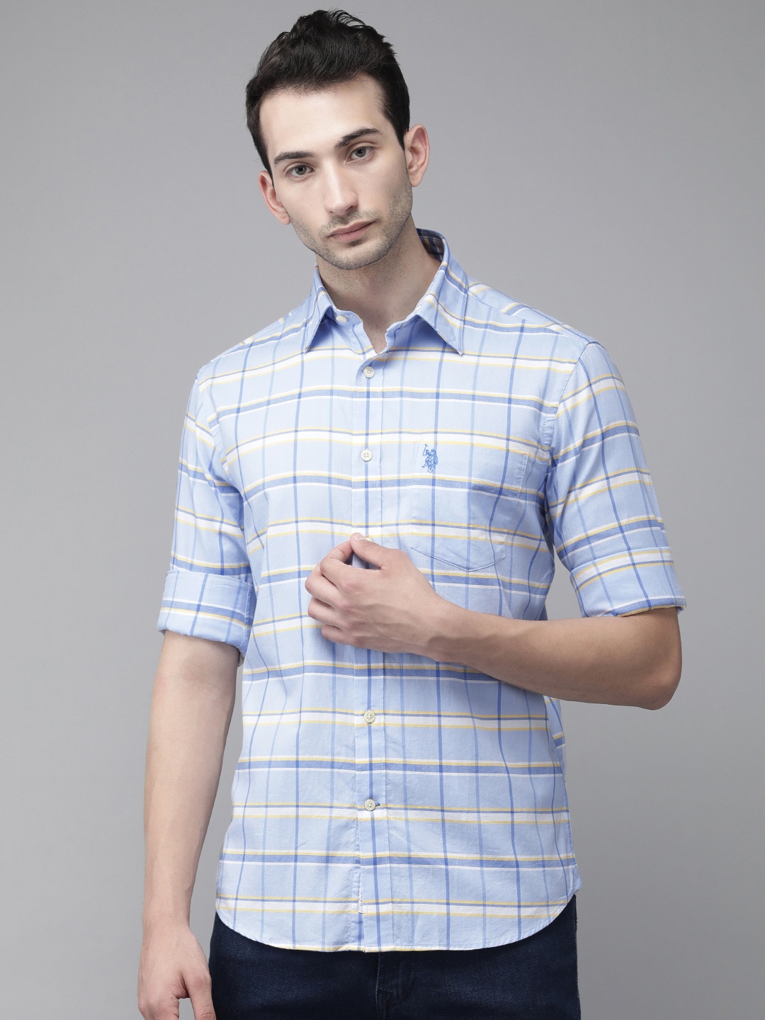 

U S Polo Assn Men Blue & White Checked Tailored Fit Opaque Casual Shirt