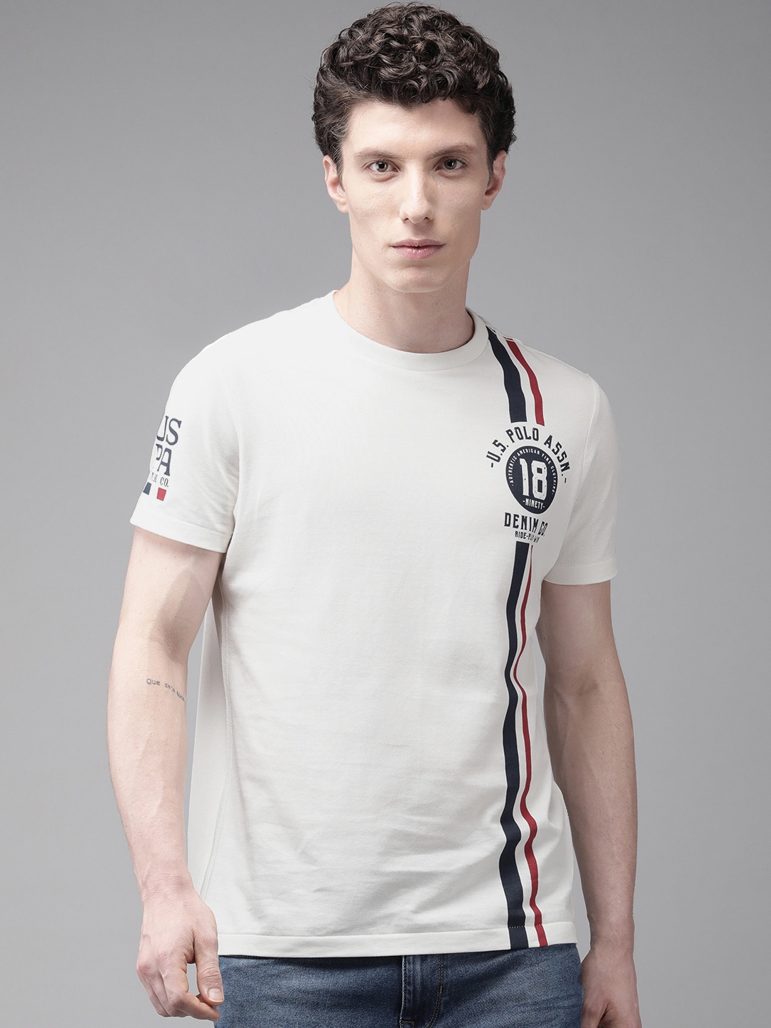 

U S Polo Assn Denim Co Men White Navy Blue Brand Logo Printed Pure Cotton T-shirt