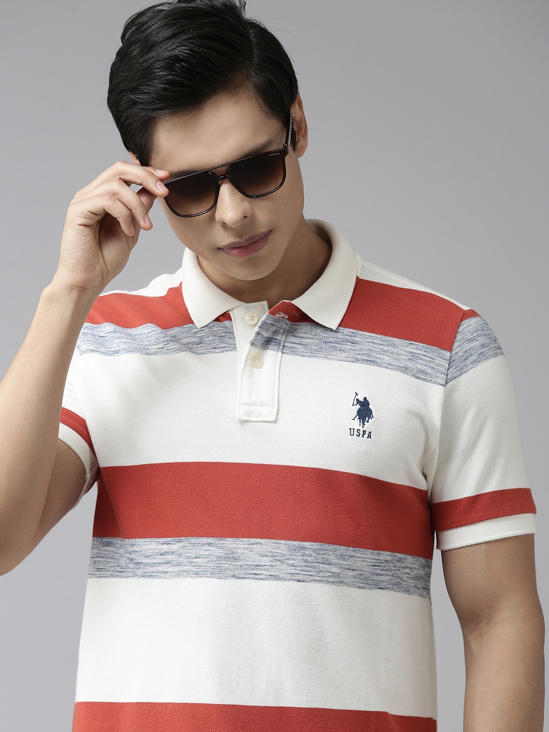 

U S Polo Assn Men White Red Striped Polo Collar Pure Cotton T-shirt