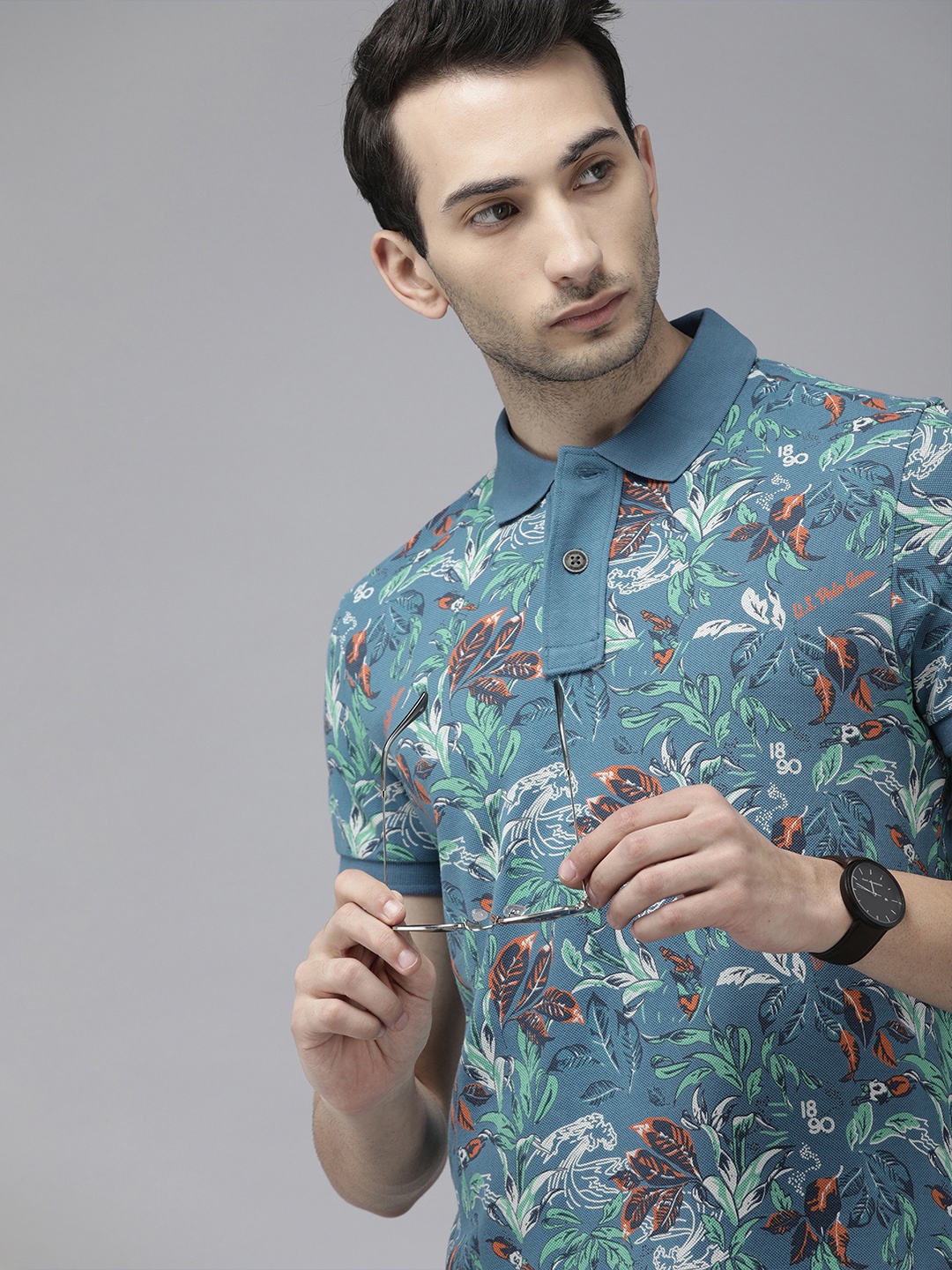 

U S Polo Assn Denim Co Men Blue Orange Floral Printed Polo Collar Pure Cotton T-shirt