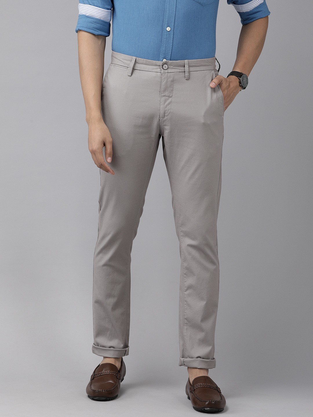 

U S Polo Assn Men Grey Textured Autin Trim Fit Casual Trousers