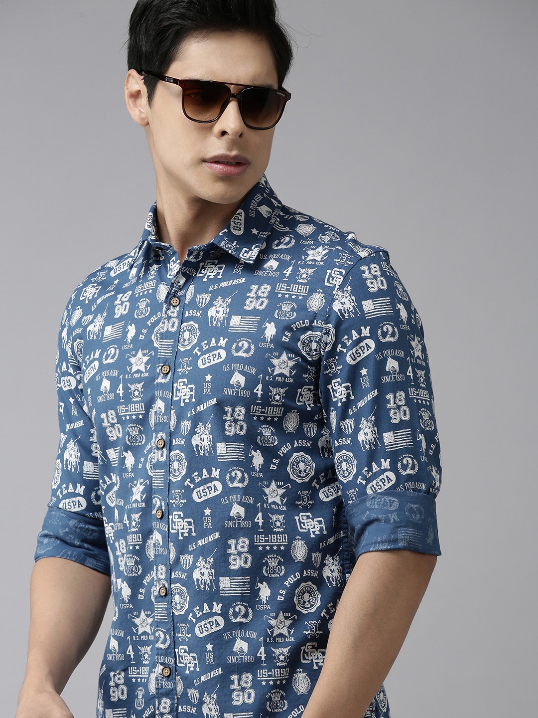 

U S Polo Assn Denim Co Men Blue & White Regular Fit Printed Casual Shirt