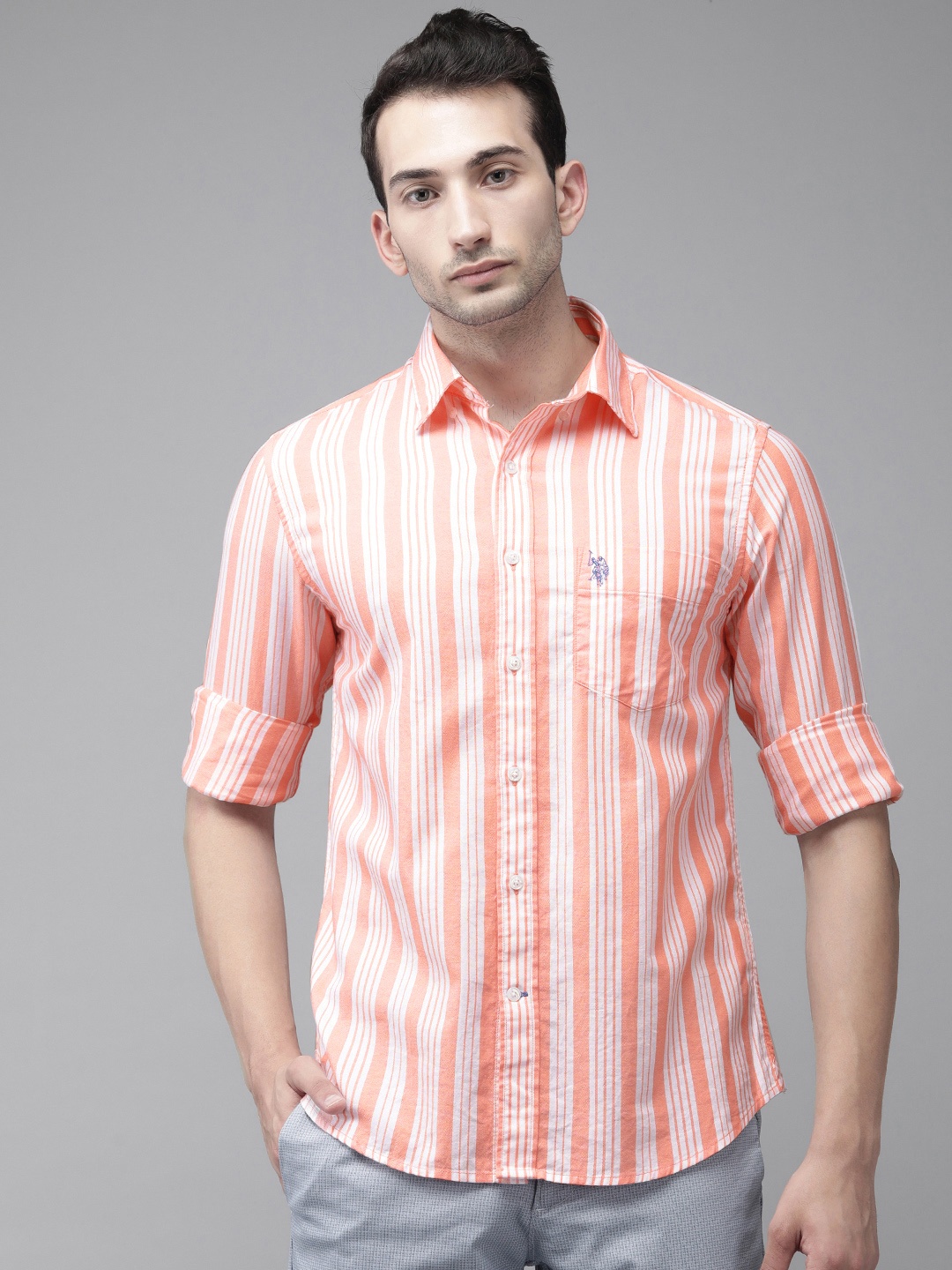 

U S Polo Assn Men Orange & White Striped Tailored Fit Casual Shirt