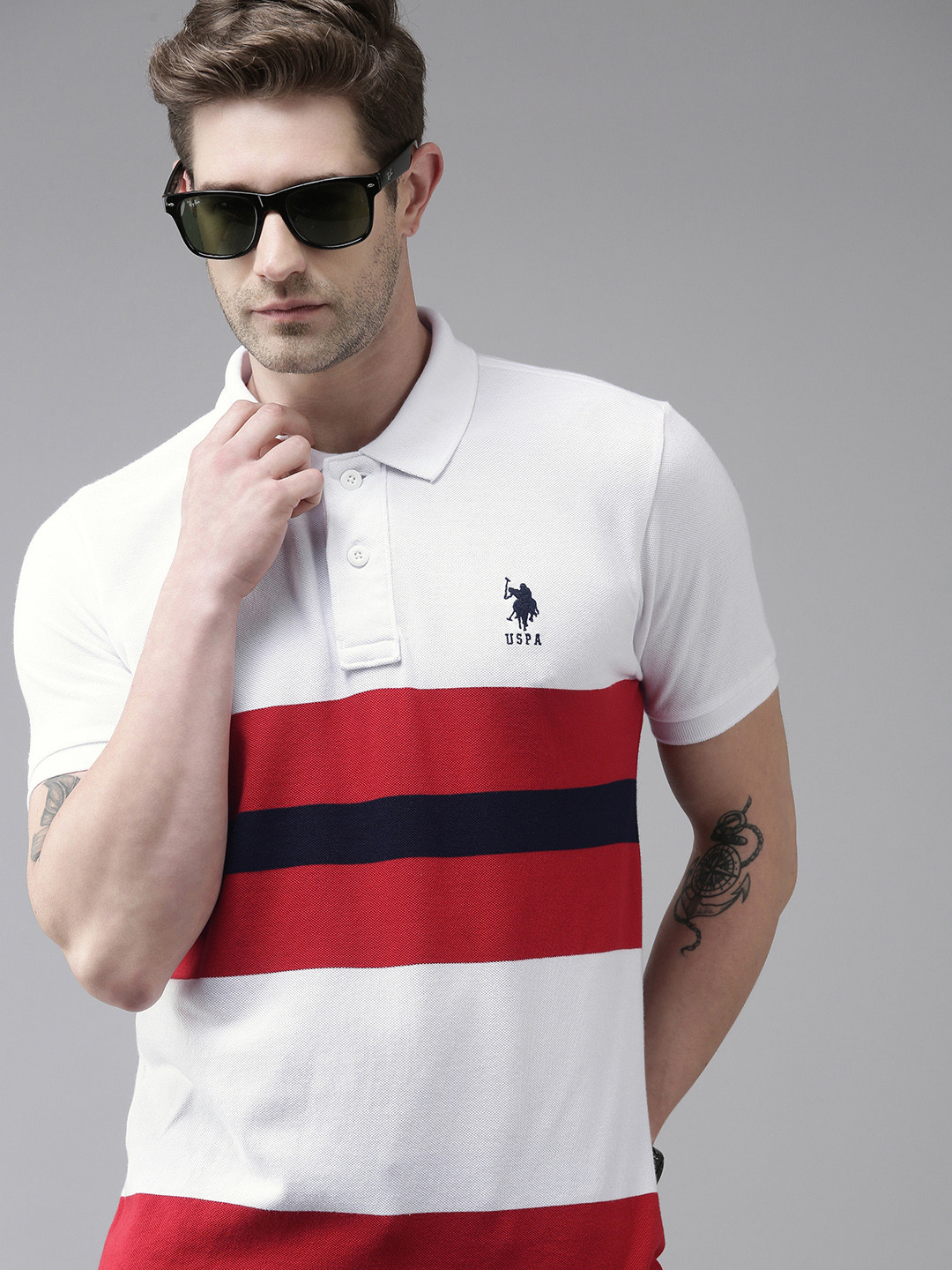 

U S Polo Assn Men White Red Colourblocked Polo Collar Slim Fit Pure Cotton T-shirt