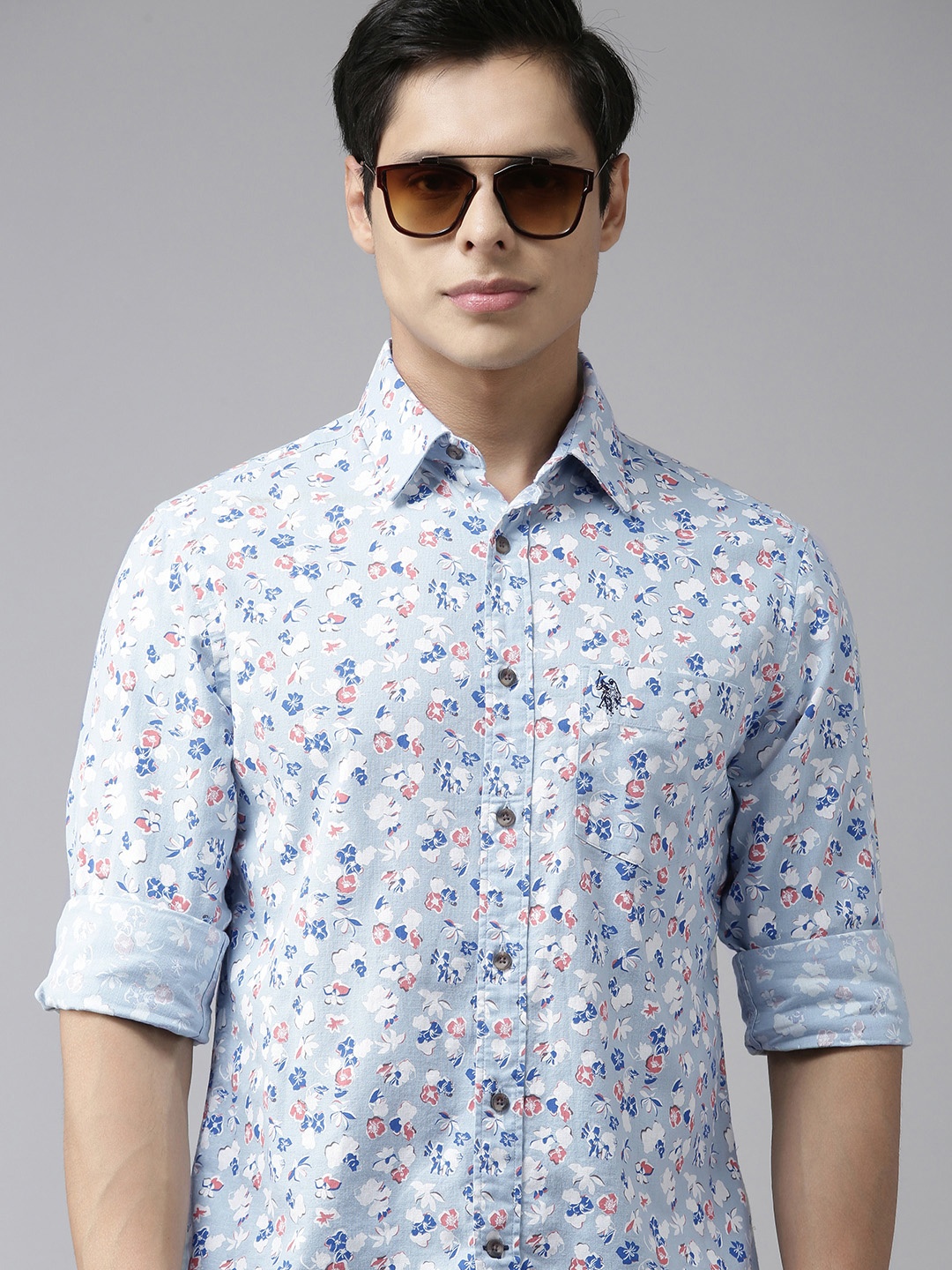 

U S Polo Assn Men Blue Tailored Fit Floral Opaque Casual Shirt