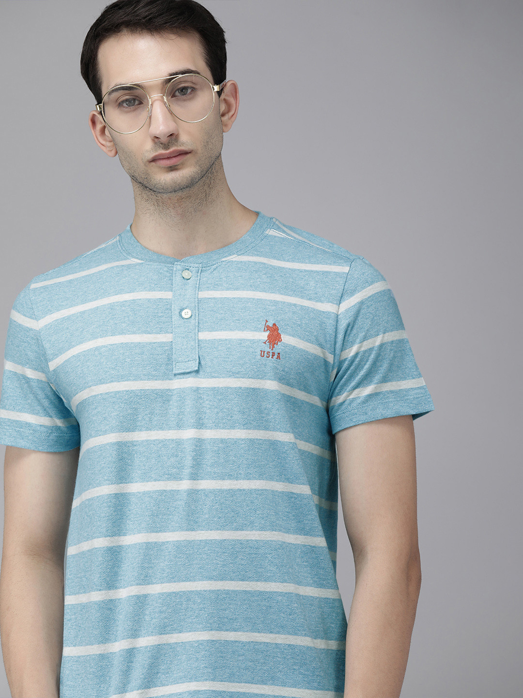

U S Polo Assn Men Blue & Off White Striped Mandarin Collar T-shirt