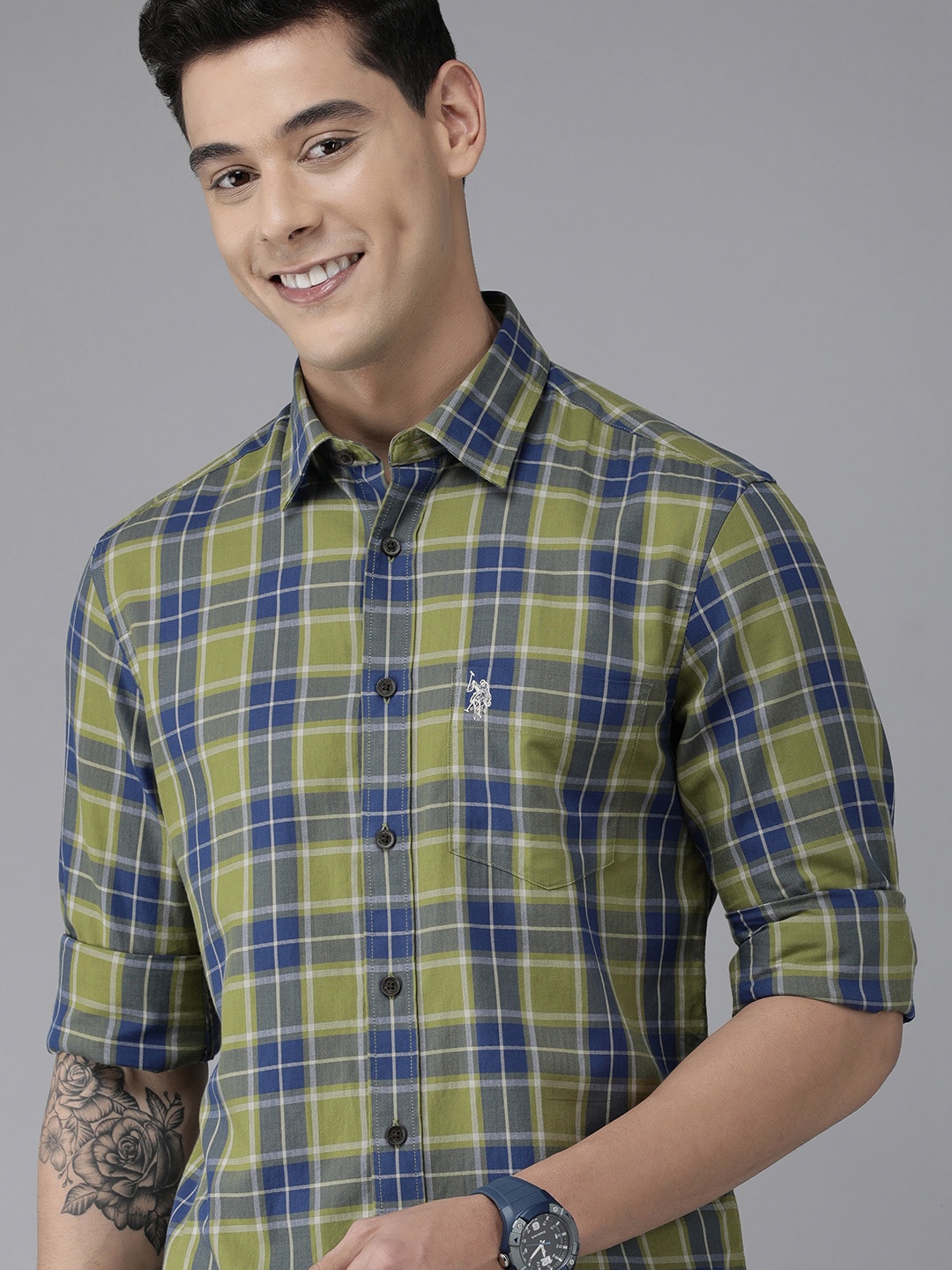 

U S Polo Assn Men Blue & Green Tailored Fit Checked Pure Cotton Casual Shirt