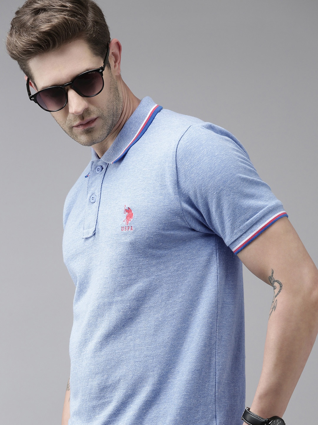 

U S Polo Assn Men Blue Solid Polo Collar Slim Fit Pure Cotton T-shirt