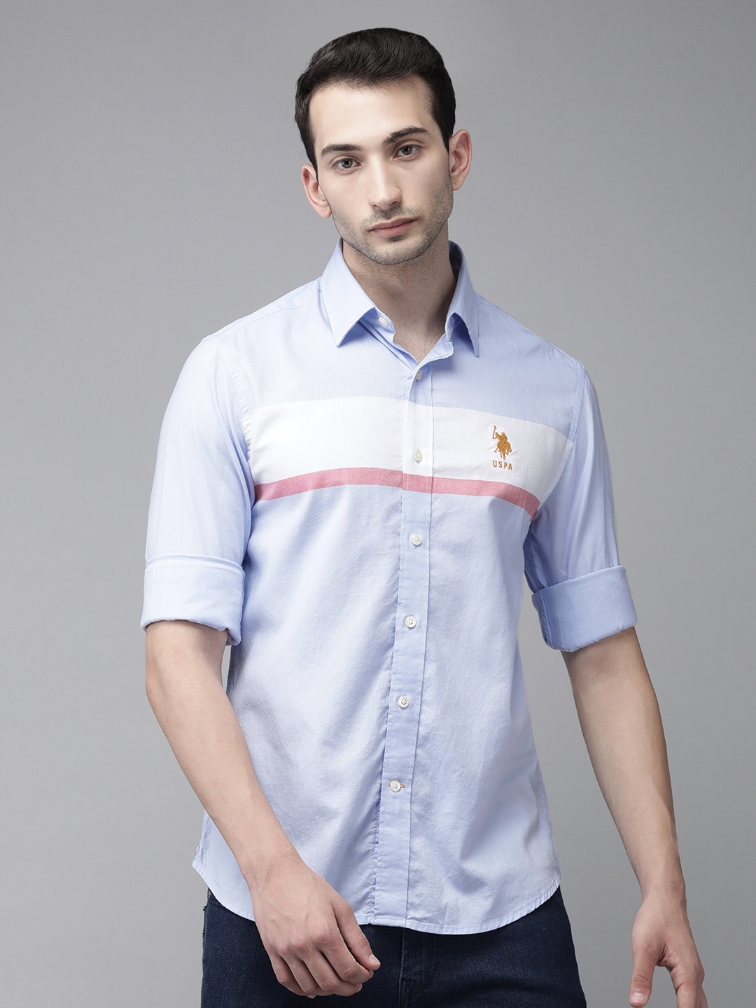 

U S Polo Assn Men Blue & White Colourblocked Tailored Fit Casual Shirt