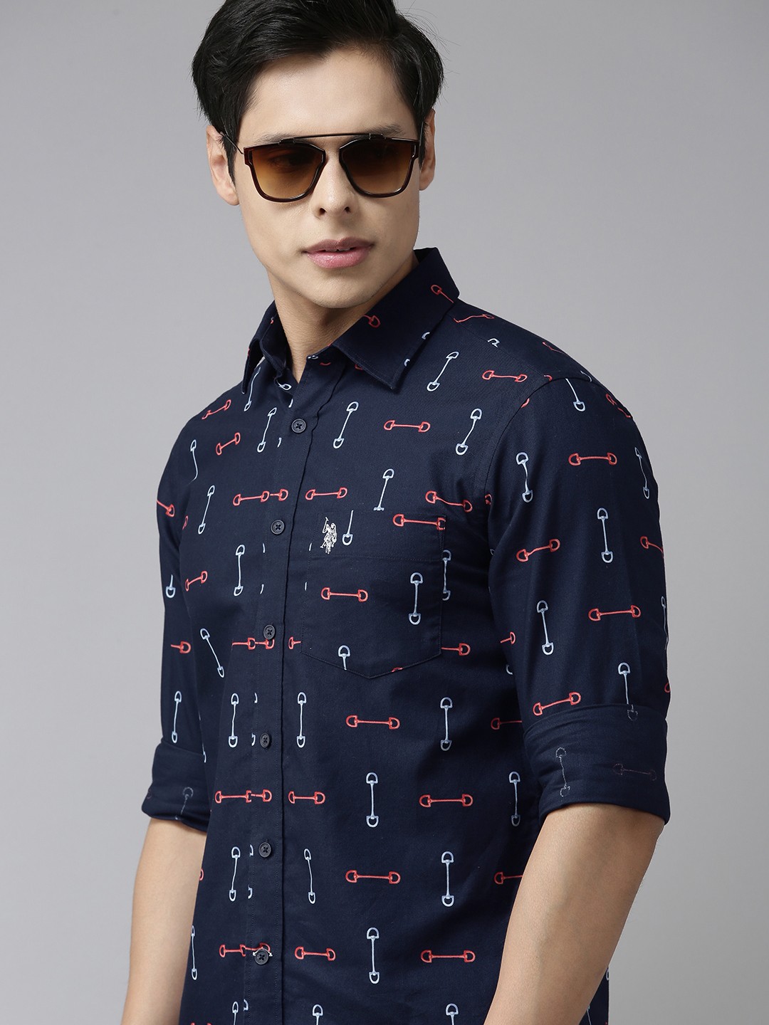 

U S Polo Assn Men Navy Blue Opaque Pure Cotton Casual Shirt