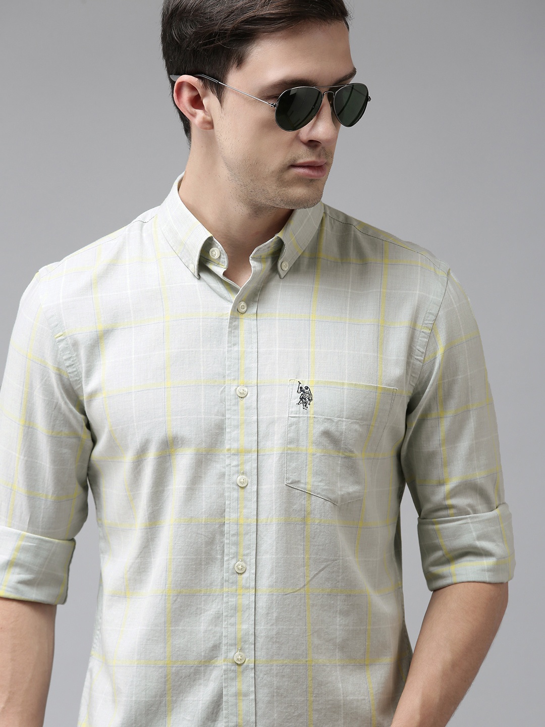 

U S Polo Assn Men Grey & Yellow Tailored Fit Checked Pure Cotton Casual Shirt